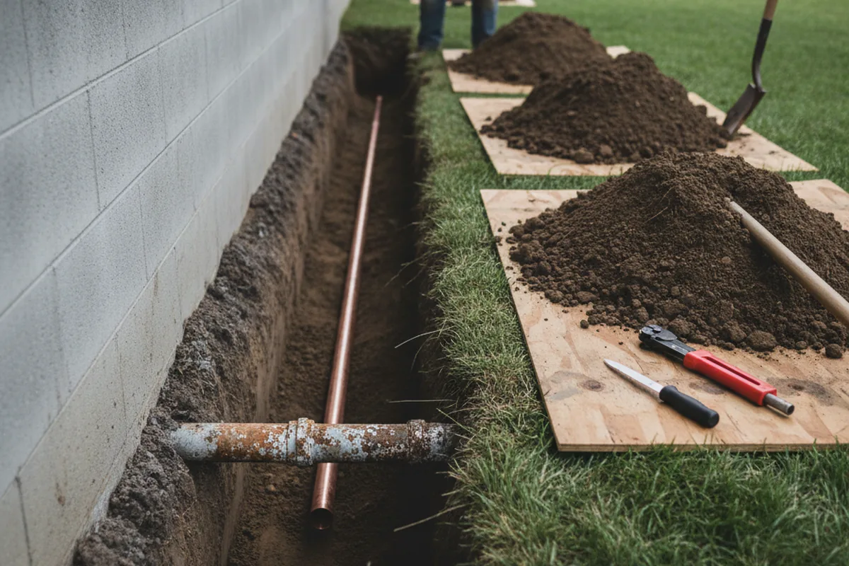 Excavated water line trench during Sewer Line Repair in La Conner